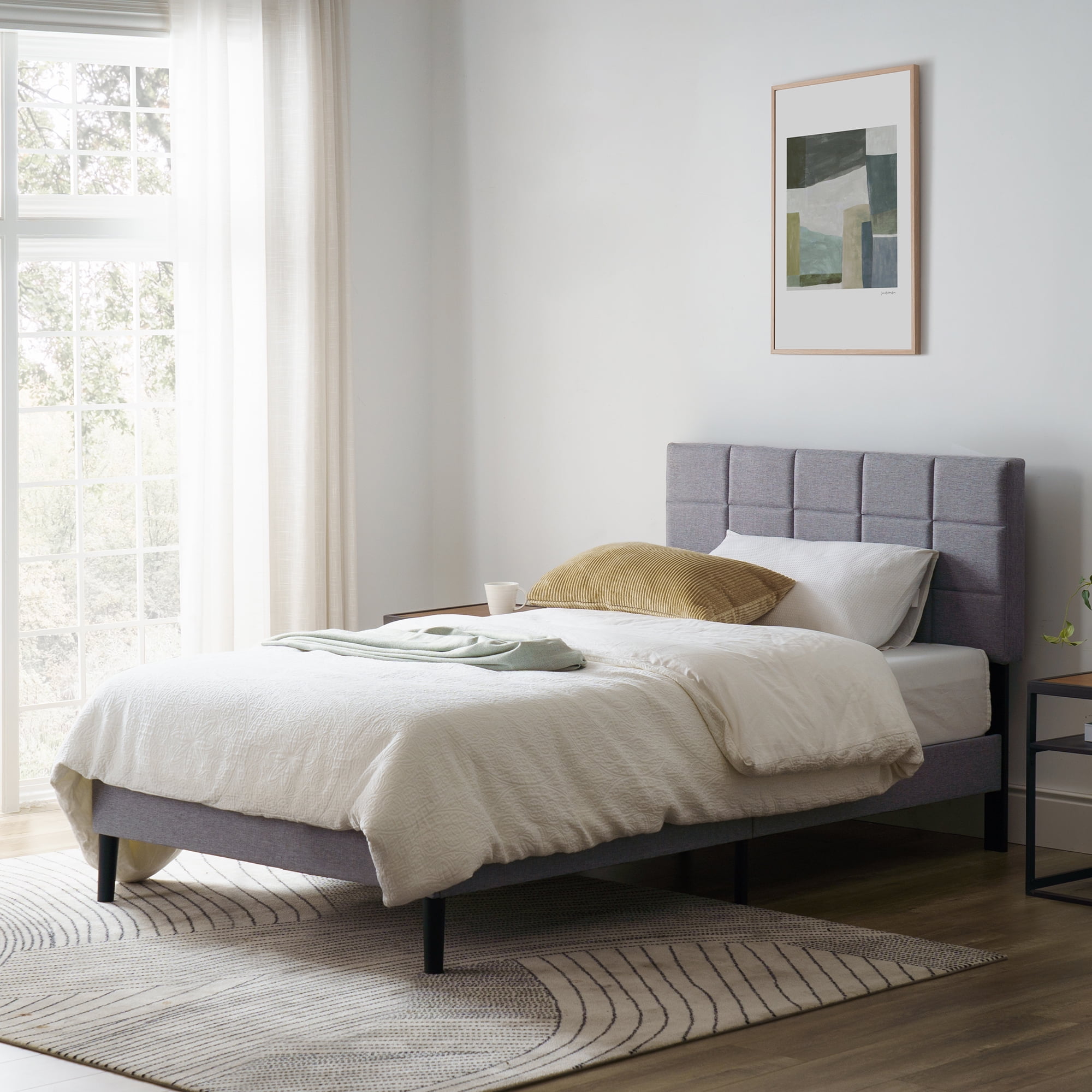 Mainstays Gray Upholstered Square Tufted Platform Bed, No Box Spring Needed, Twin