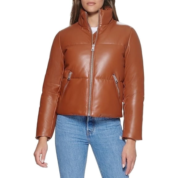 Levi's Womens Faux Leather Moto Puffer Jacket Camel Medium