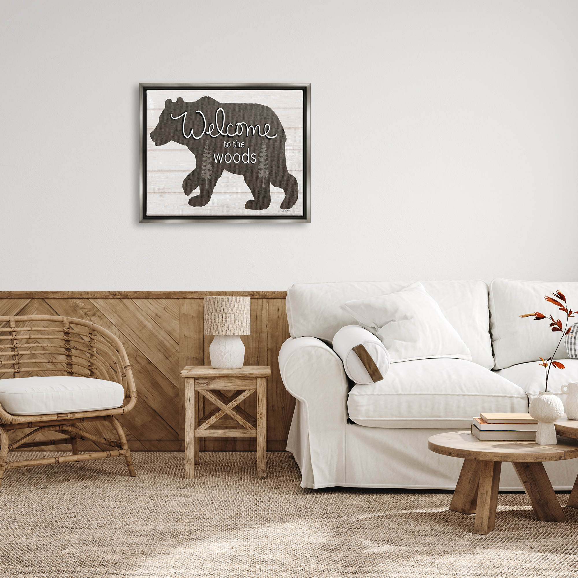 Stupell Welcome To The Woods Cabin Sign Animals & Insects Painting Gray Floater Framed Art Print Wall Art