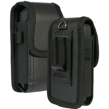 Case for Consumer Cellular Flip Phone, Nakedcellphone Black Vegan Leather Vertical Pouch [with Belt Loop, Metal Clip, Magnetic Closure] for Iris Flip, Verve Snap, Link 2, Jitterbug Flip2