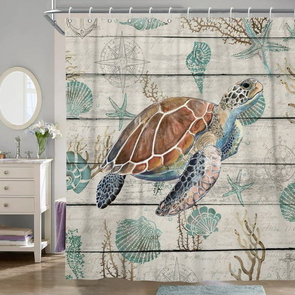 Sea Turtle Shower Curtain Ocean Beach Coral Star Conch Fish Fabric Washable Bath Curtain ,72''x72'' ﻿
