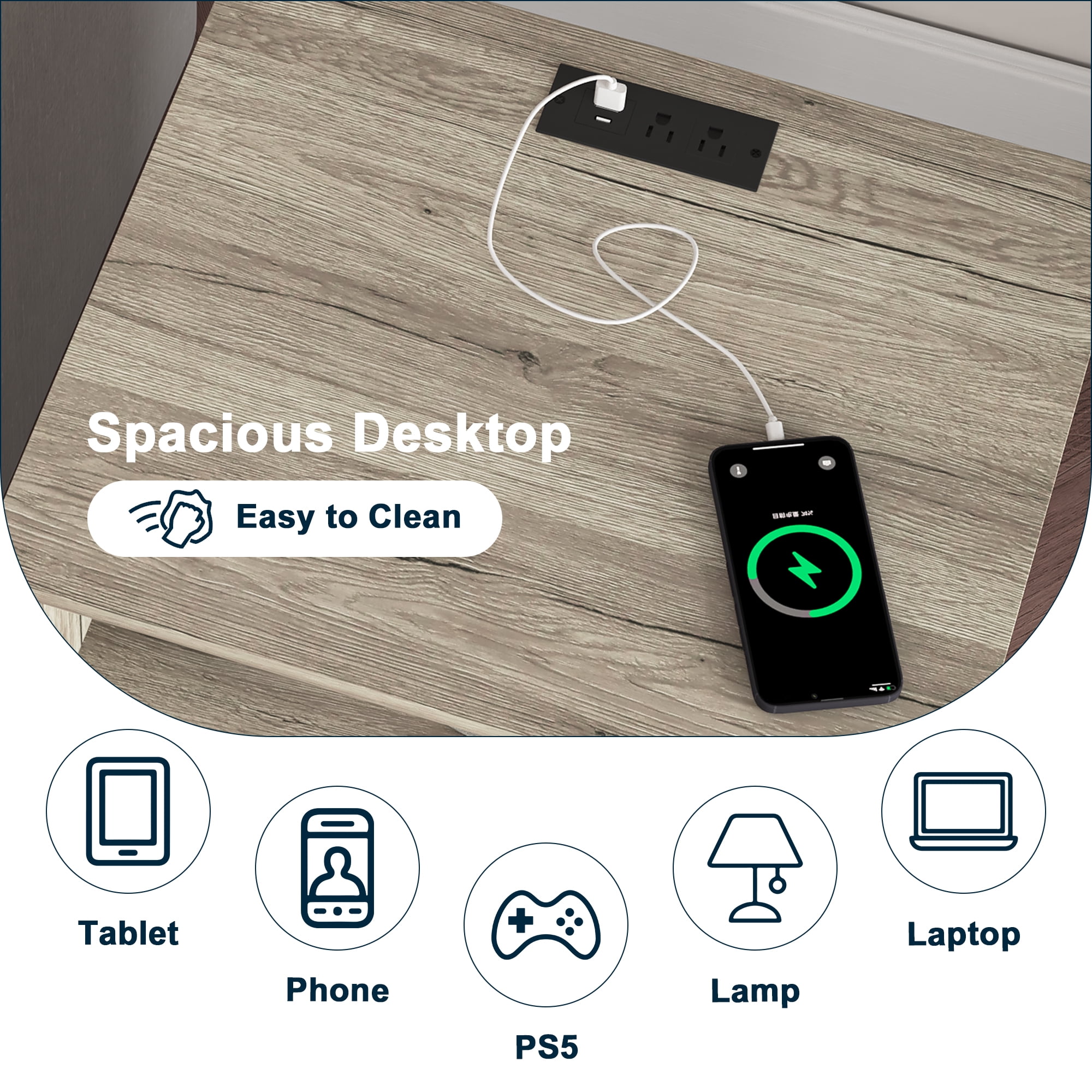 Demi Bonn 18.9" Side Table with Fast Charging Station USB C Cable Fast Charging, Wood End Table Nightstand with Drawer and Shelf for Living Room, Gray