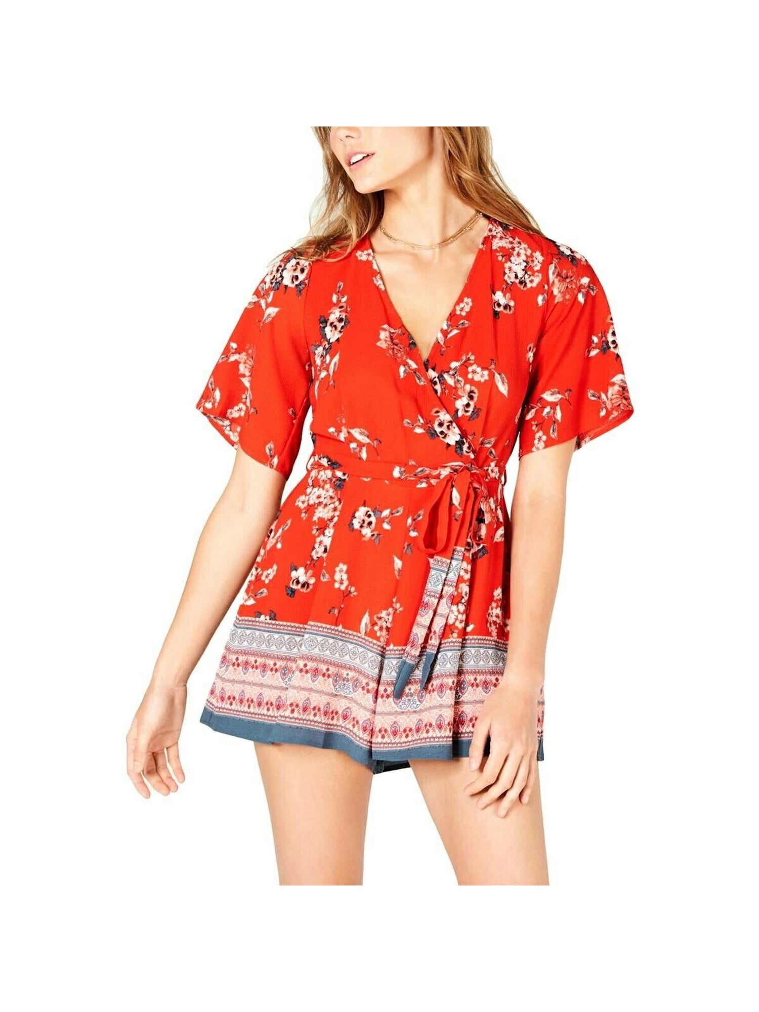 TRIXXI Womens Red Floral Short Sleeve V 