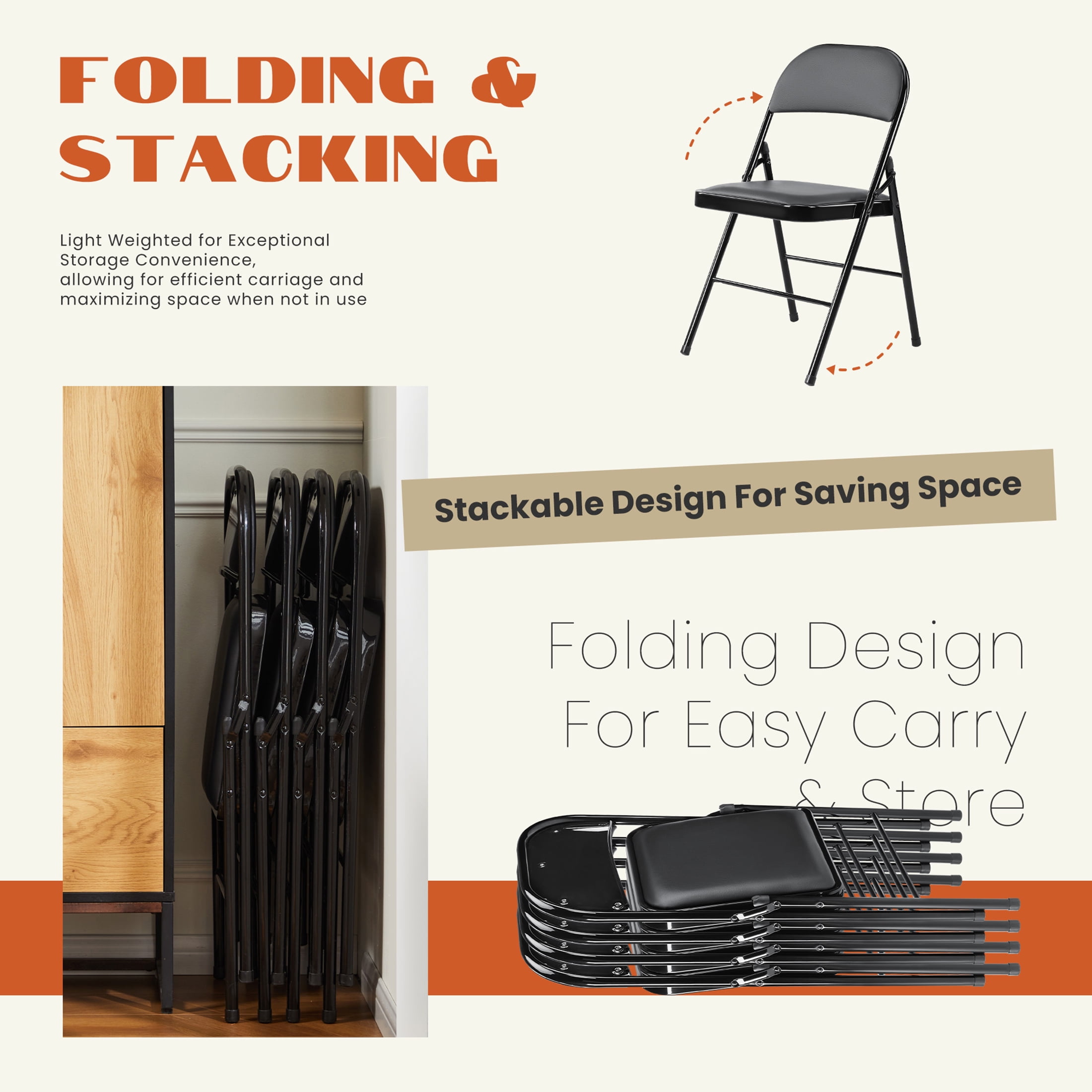 JIOABL Folding Chair 2 Pack, Convenient Leather Padded Folding Chairs, Black