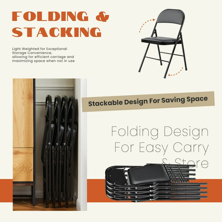 Joinsun Folding Leather Chairs 2 Pack, Black, Metal Frame, Padded