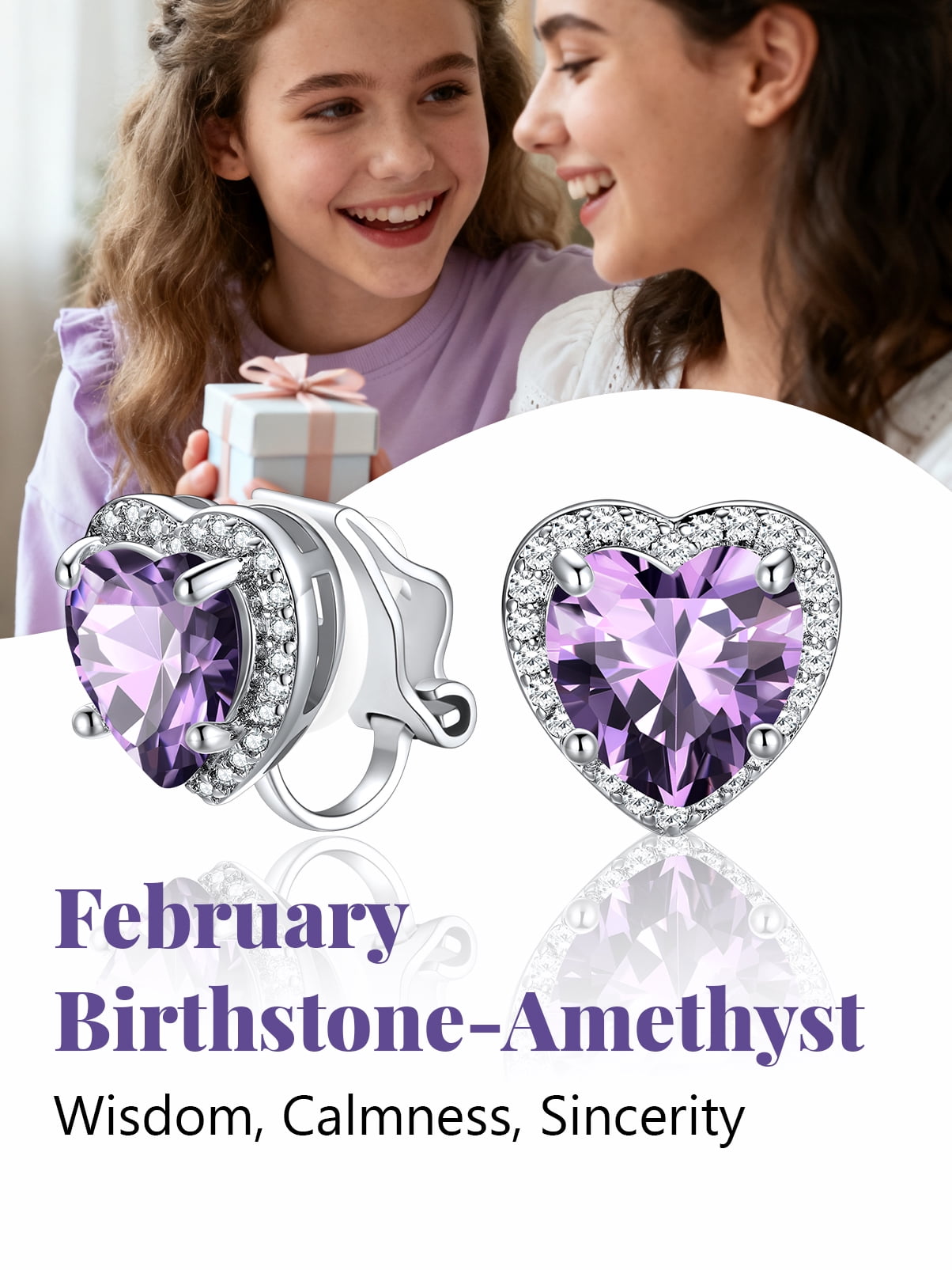 Silvora Clip on Earrings for Women February Amethyst Heart Birthstone Non Pierced Earring Jewelry Gift for Daughter Birthday Thanksgiving