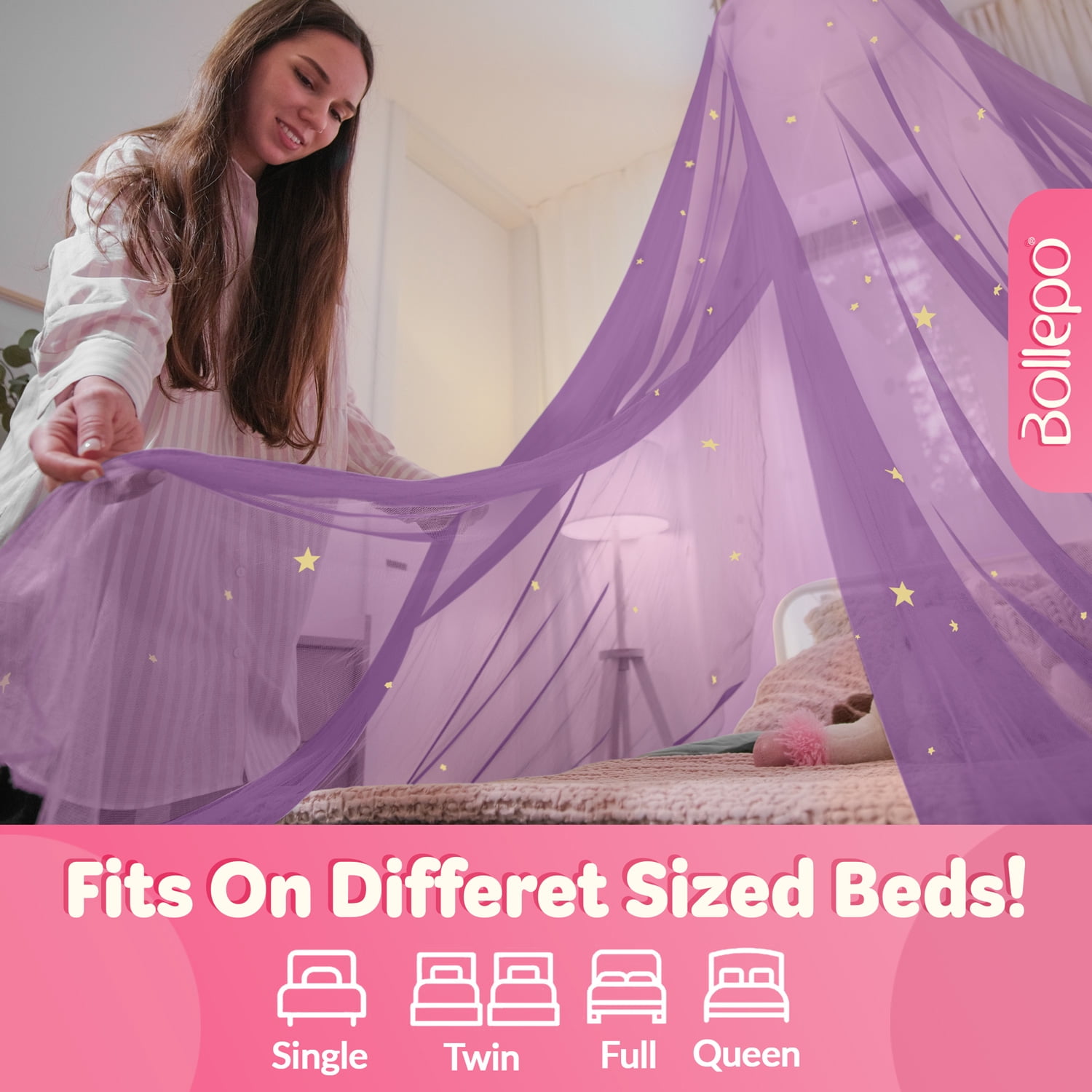 Bollepo Bed Canopy for Girls with Glowing Star Room Decor for Standard Bed Size Child Canopy Purple