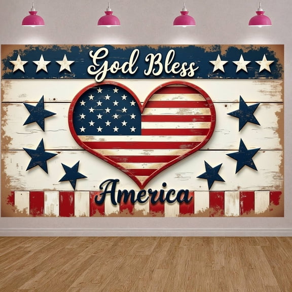 Vintage Wooden God Bless America Banner Red Blue Patriotic Backdrop Star Elements Distressed Finish for 4th of July Party USA National Day Celebration Family Gathering