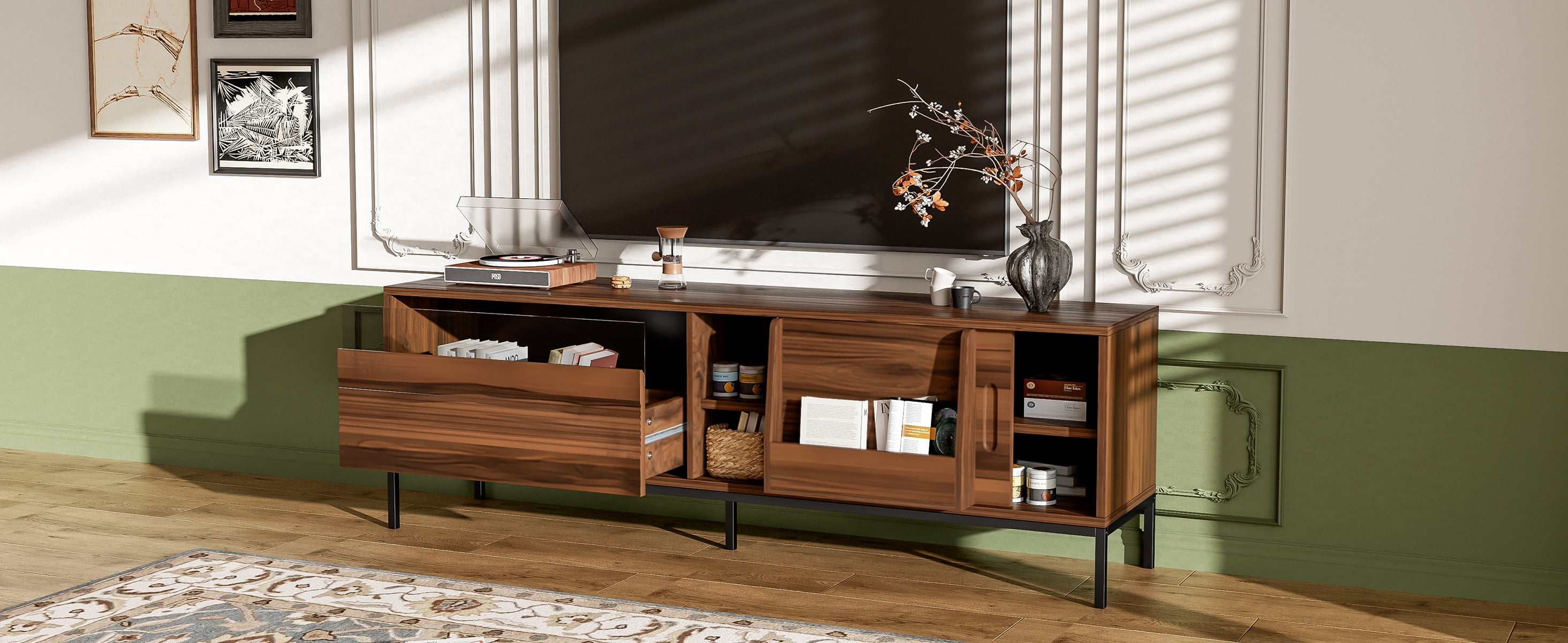 Euroco 70.8'' Modern TV Stand for TVs up to 75 Inches, Entertainment Center with Storage Space, Sliding Doors, Adjustable Shelves and Metal Frame, Mid Century Modern Media TV Console Table