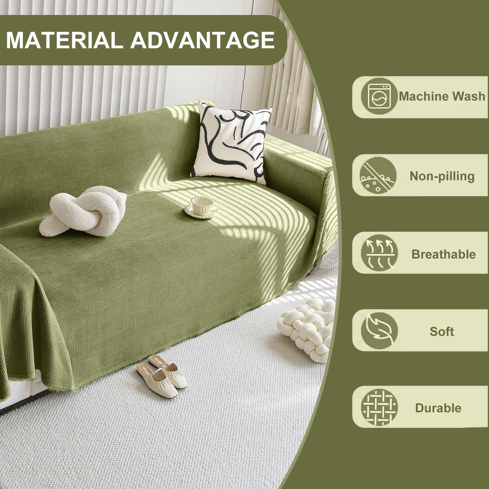 SANMADROLA Sofa Cover Green Chenille Couch Covers, Corduroy Jacquard Non Slip Couch Sofa Cover, Love Seat Couch Covers for 2 Cushion Couch, Furniture Protector for Dogs, Pets, 71"x118"