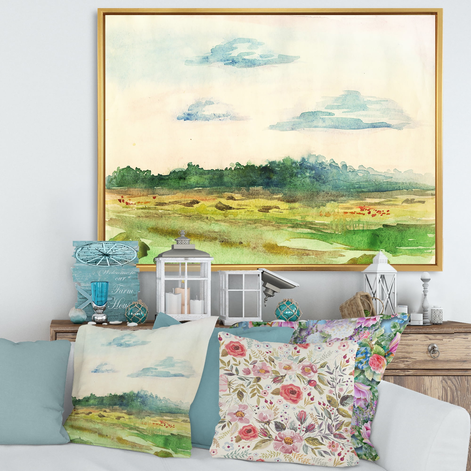 Designart 'Summer Landscape Of Green Blossoming ' Traditional Framed Canvas Wall Art Print