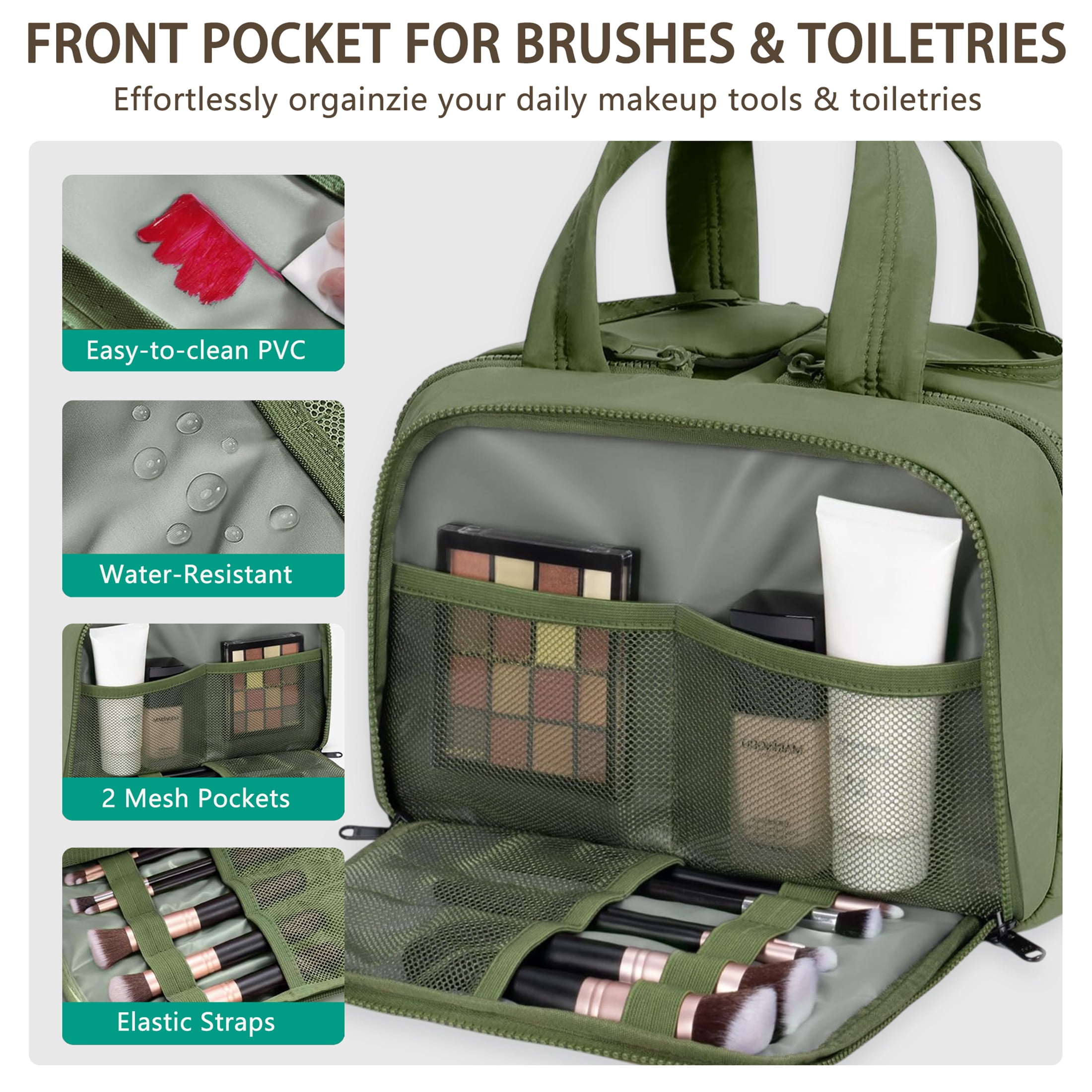 Puffy Travel Toiletry Bag for Women, Wide-Open Cosmetic Makeup Bag Organizer with Handle, Lightweight Quilted Travel Bag for Accessories, Essentials, Toiletries, Green