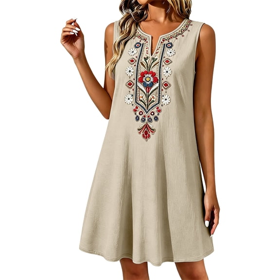 ZToonmas Women's Sleeveless V-Neck Embroidered Mini Dress Casual Boho Shift Tunic Dress with Pockets for Summer