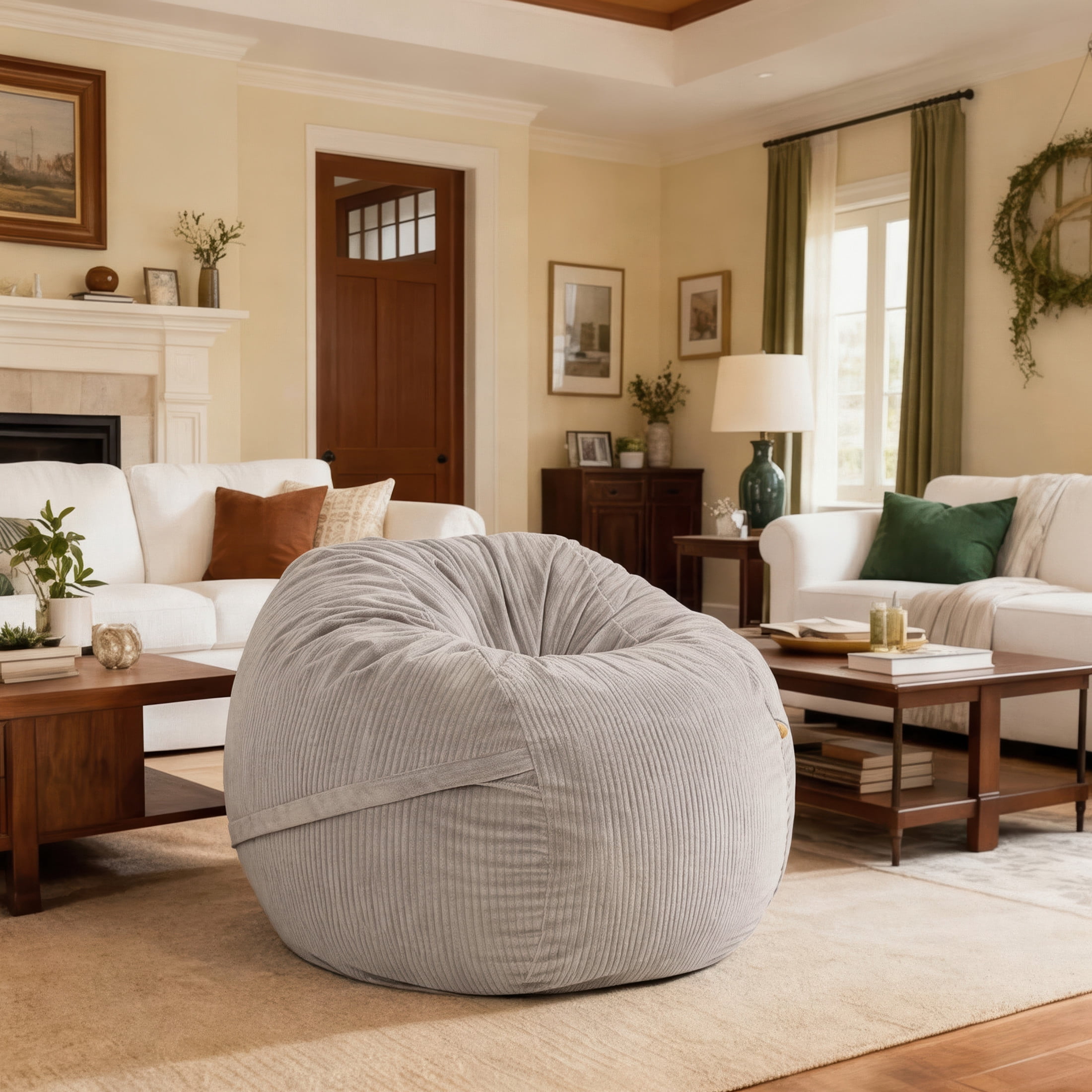 Luna 5 Foot X-Large Bean Bag Chair – Oversized Foam Lounger for Adults & Kids, Plush Corded Faux Fur, Taupe