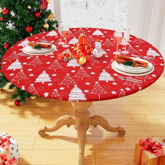 muroi Round Fabric Fitted Tablecloth, Elastic Waterproof Oil Proof Table Cloth, Washable Polyester Table Cover Fits 36"-44" Round Tables for Outdoor Picnic Dinner, Christmas Tree