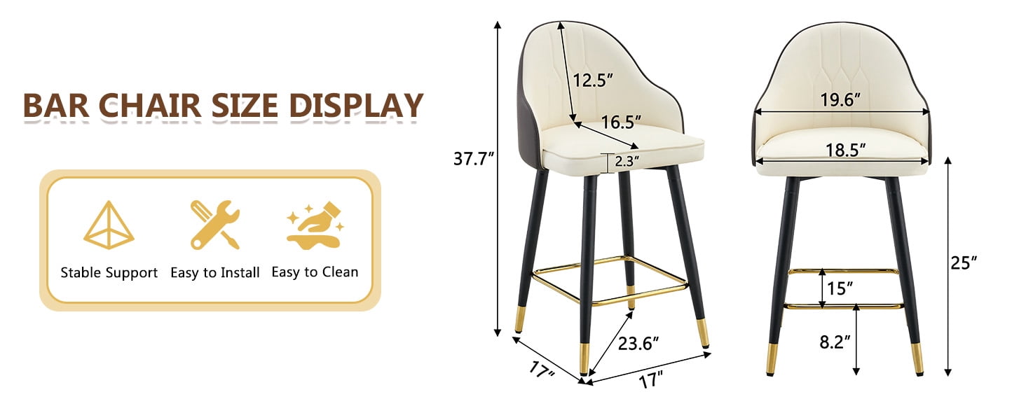 Mintazer Modern Bar Stools Set of 2, Waterproof PU Leather Bar Stool with Backrest & Gold Accent Footrest, Counter Height Bar Chairs for Kitchen Island, Black & White