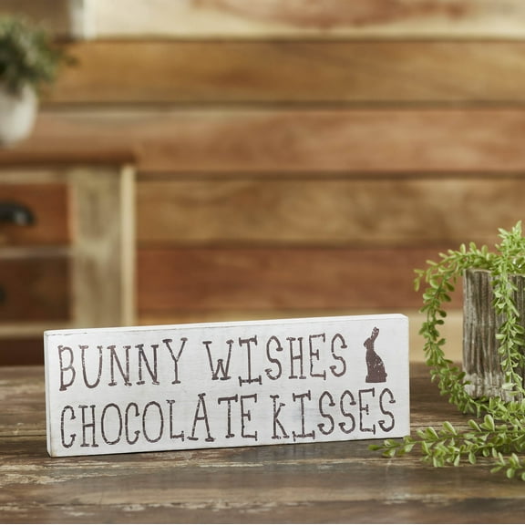 VHC Brands Bunny Wishes Chocolate Kisses Wooden Sign 4x12, Easter/Spring Decor, Dining Room