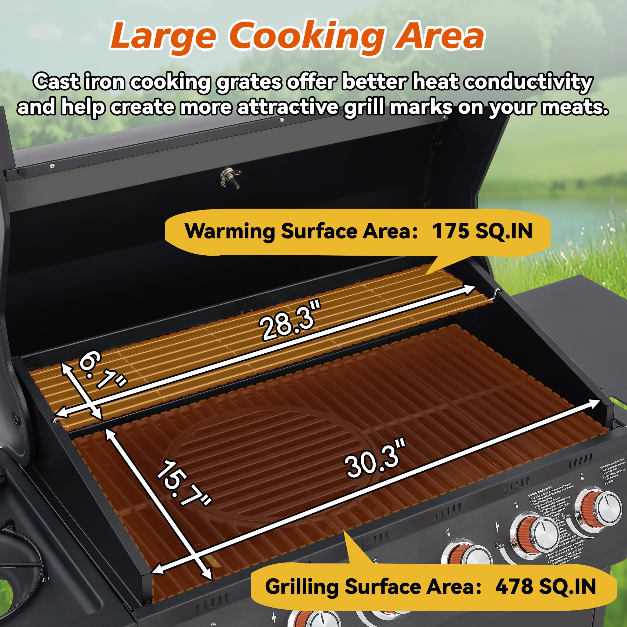 6 Burner BBQ Propane Gas Grill with Side Burner 72000 BTU Output Stainless Steel Barbecue Grill with Cast Iron Grates and Side Tables for Outdoor Cooking Kitchen and Patio Backyard