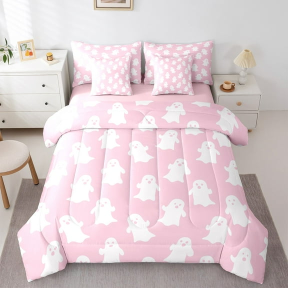 jejeloiu Kawaii Ghost Twin Bedding Sets 7-Piece,Halloween Theme Bedding Comforter Set,Pink White Sheet Sets For Girls,Lightweight Room Decor Reversible