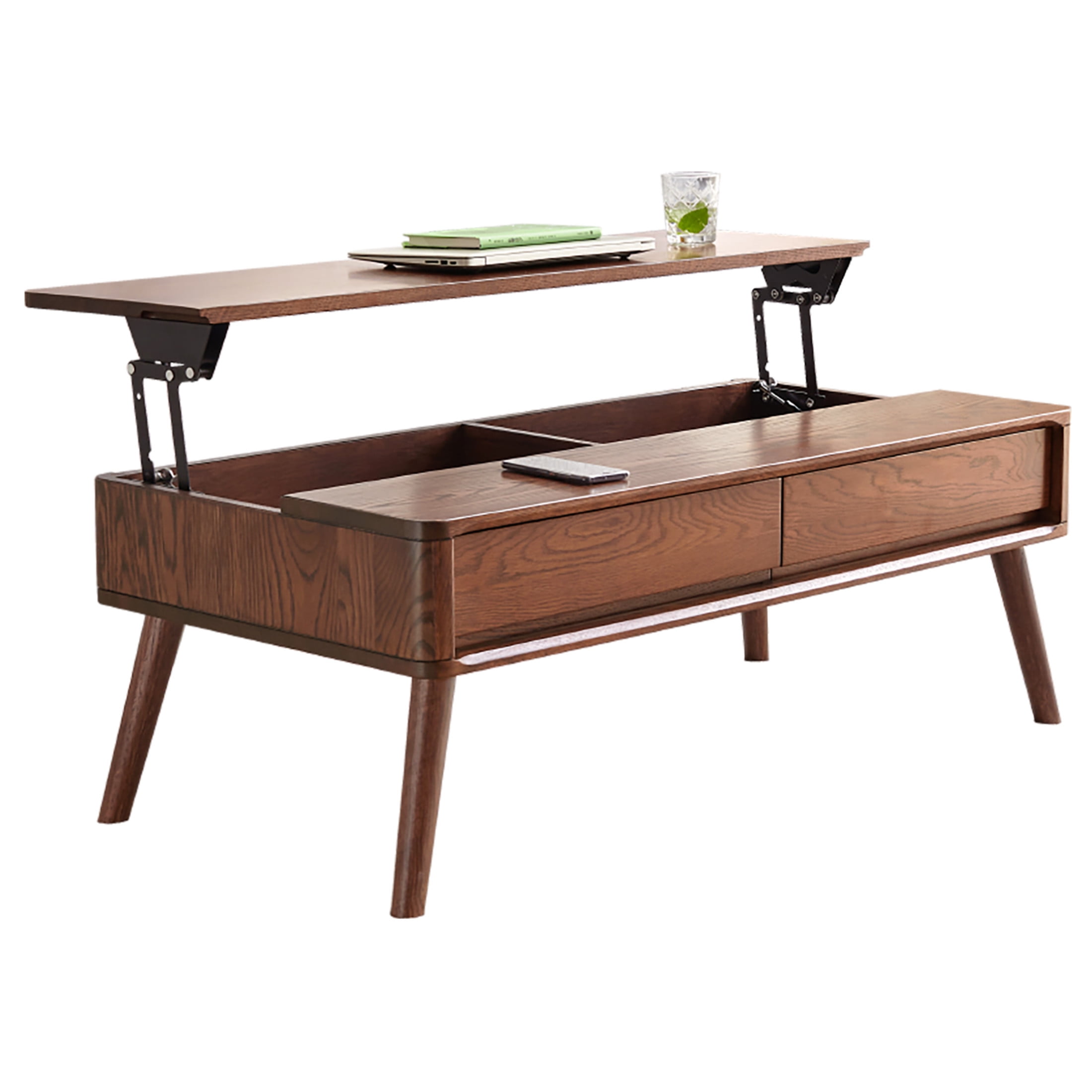 Elevating Low Coffee Table, 100% Solid Oak Wood with Storage Shelf, Easy to Assemble Study or Work from Home Table, Multifunctional Wooden Table, Walnut