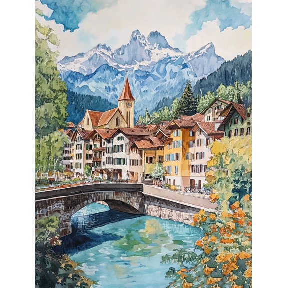 Swiss Village River Landscape Canvas Print/Wall Art, Suitable for Living Room,Office, Hallway, and Kitchen Decoration.