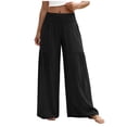 thumbnail image 6 of Bloomae Women Flowy Palazzo Pants Summer Boho Bagyy Wide Leg Elastic High Smocked Waist Casual Loose Comfy Lounge Trousers with Pockets Black L, 6 of 7