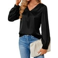 thumbnail image 3 of Hibeli Women Satin Silk Pleated V Neck Long Sleeve Solid Color Office Work Tops, 3 of 7