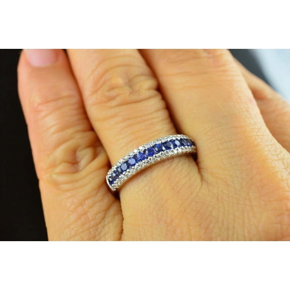14K White Gold Plated 1.50TCW Blue & White Lab Created Diamond Wedding Band Ring Women's