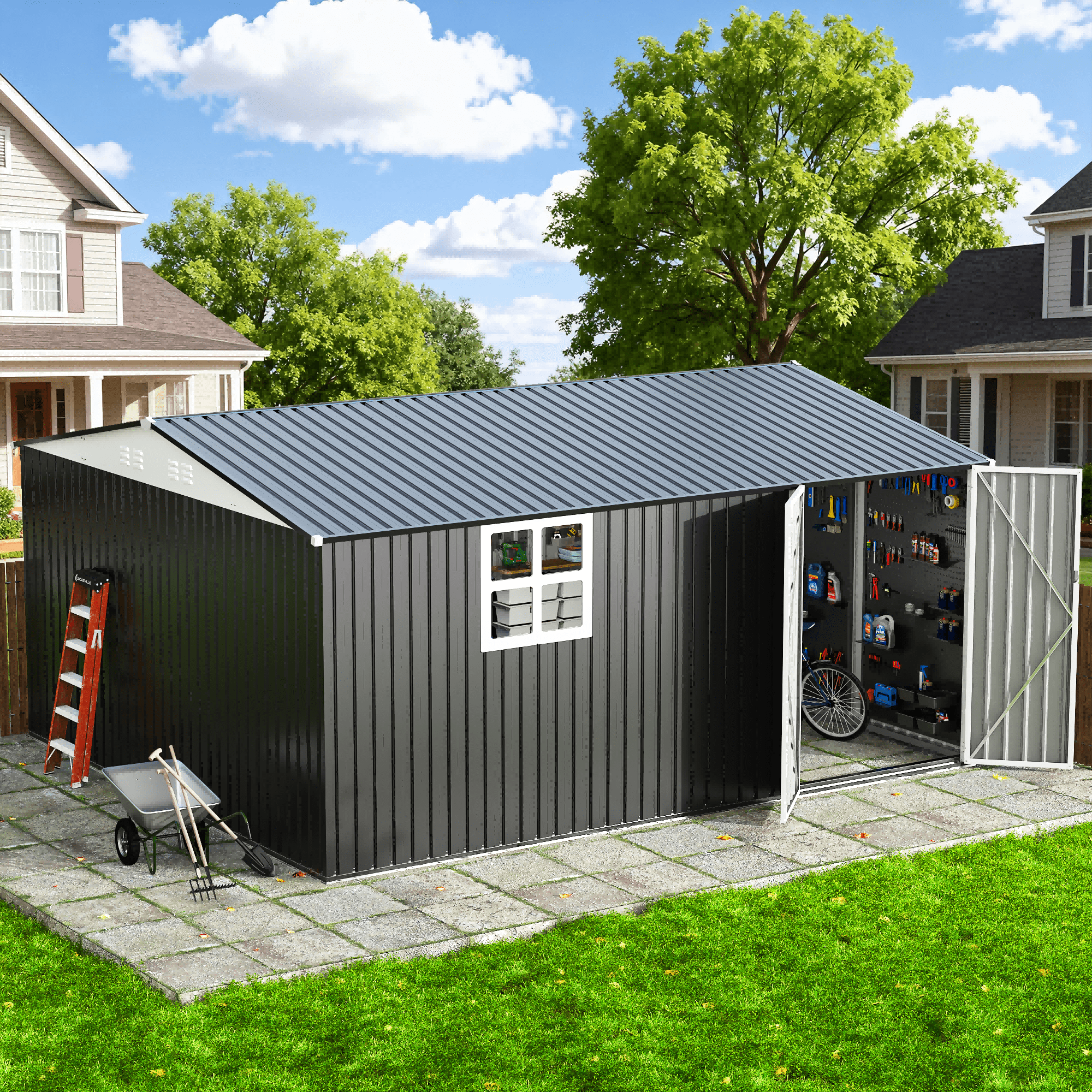 NETAJE 12'x14' Outdoor Metal Storage Garden Shed with Window, Lockable Doors and Air Vent for Backyard, Garden, Lawn, Dark Gray