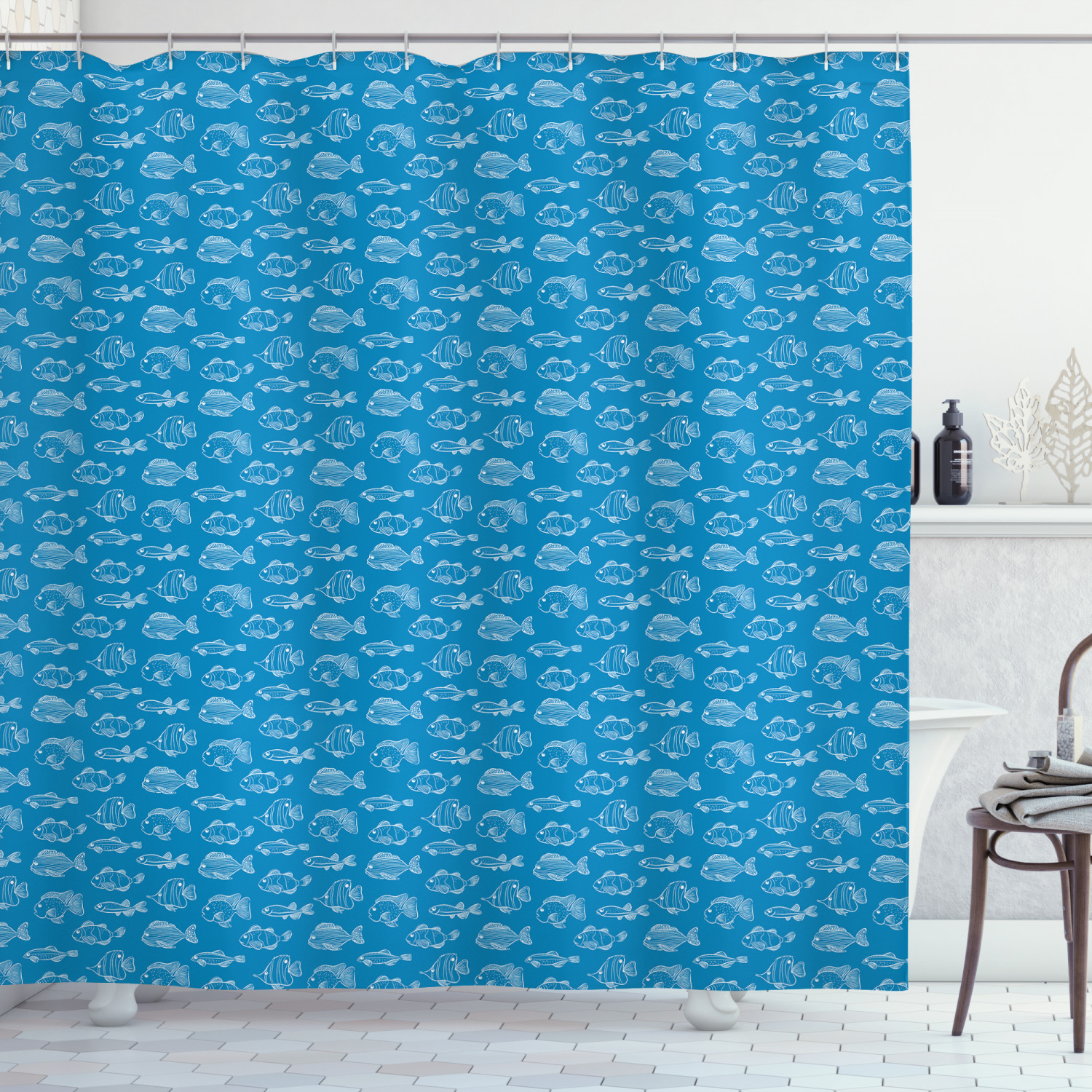Nautical Blue Shower Curtain, Repetitive Pattern of Different Fish