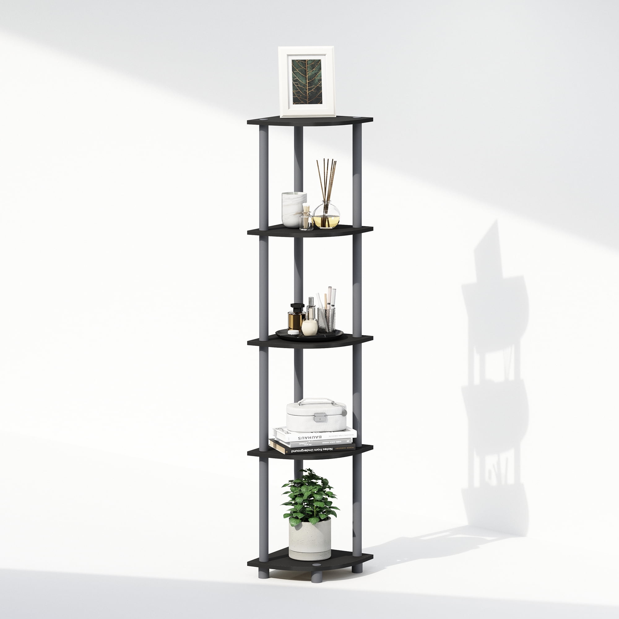 Furinno Turn-N-Tube 5 Tier Multipurpose Corner Display Rack Shelving Unit, Black/Grey