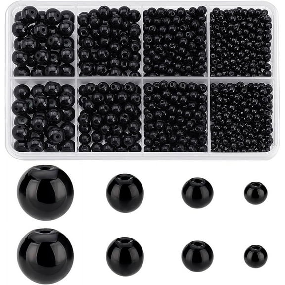 960pcs 4 Sizes Black Glass Pearl Beads 3/4/6/8mm Baking Painted Pearlized Glass Beads Round Glass Pearl Beads Loose Glass Pearls