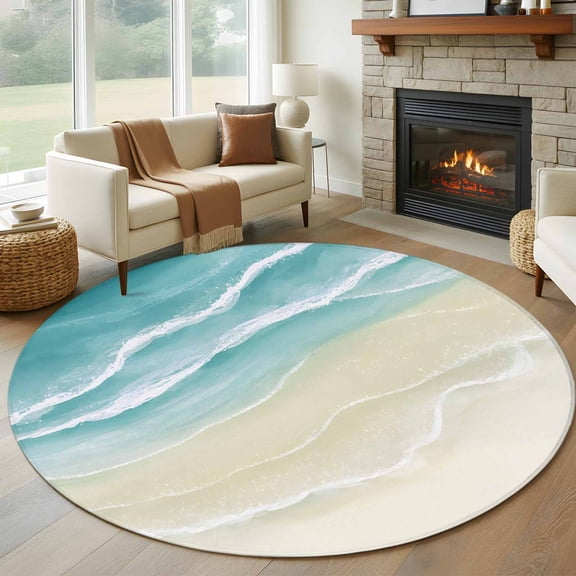 Round Rug 6Ft Washable Non-Slip, Teal Beach Coastal Circle Area Rugs for Living Room Bedroom, Summer Ocean Nautical Seaside Indoor Floor Mats Carpet Runner for Home Decor Aesthetic