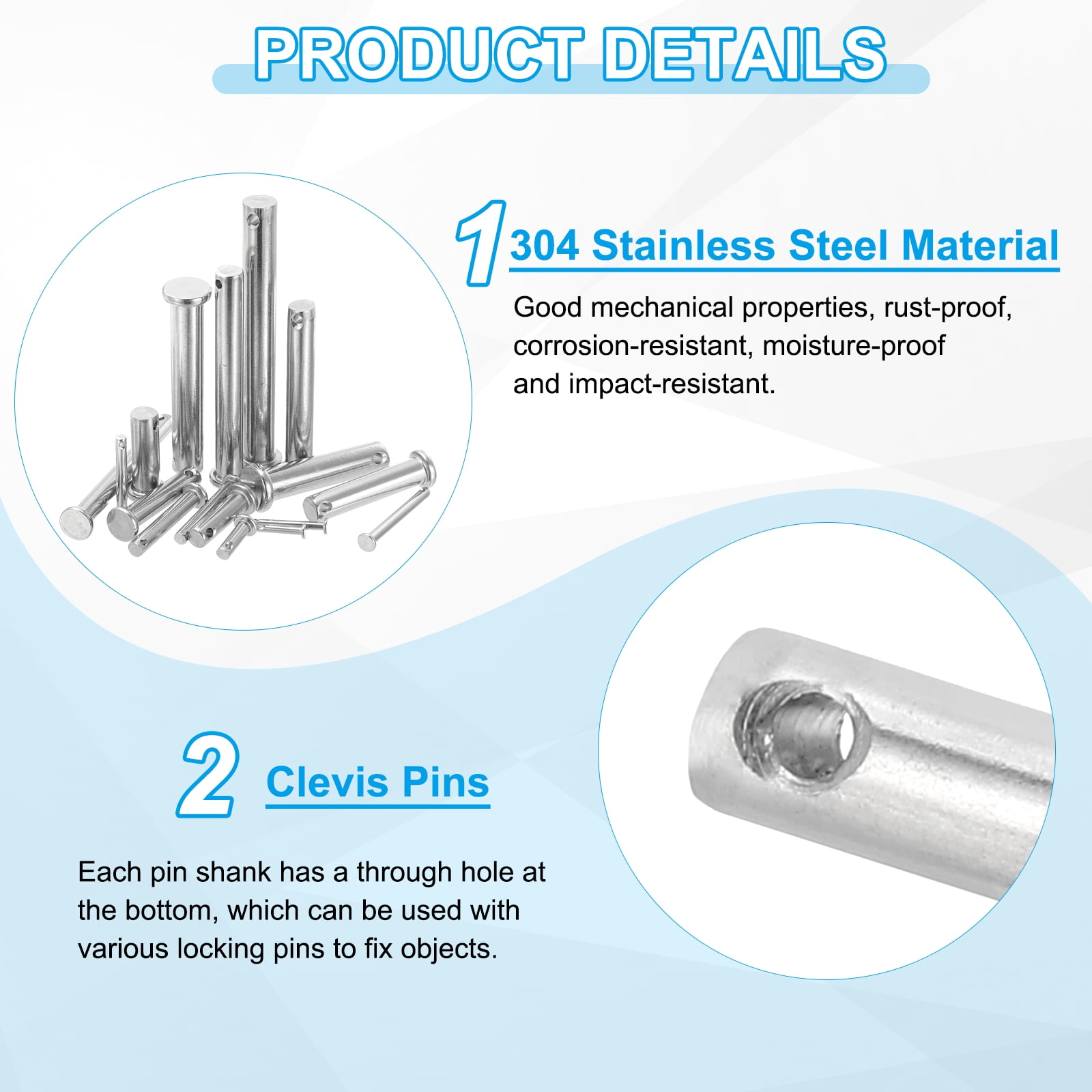 Uxcell Single Hole Clevis Pins 304 Stainless Steel Flat Head Pin for Hitch Pin Lock Link Hinge Systems 10 8 x 80 x 74.3 mm