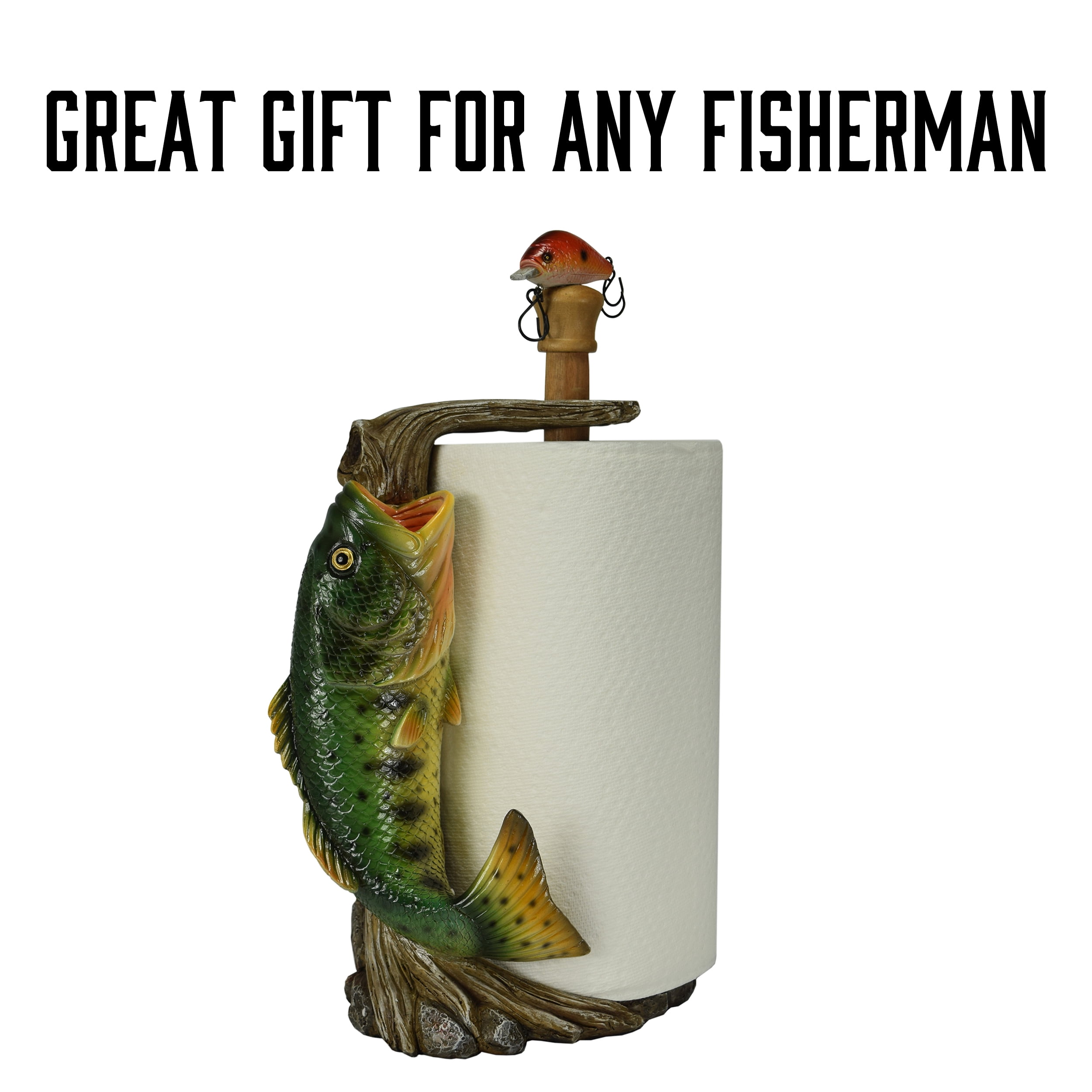 Rivers Edge Products Countertop Paper Towel Holder, Unique Resin and Wood Paper Towel Holder, Novelty Napkin Roll Holder for Counter, Giftable Animal Paper Towel Stand, Largemouth Bass