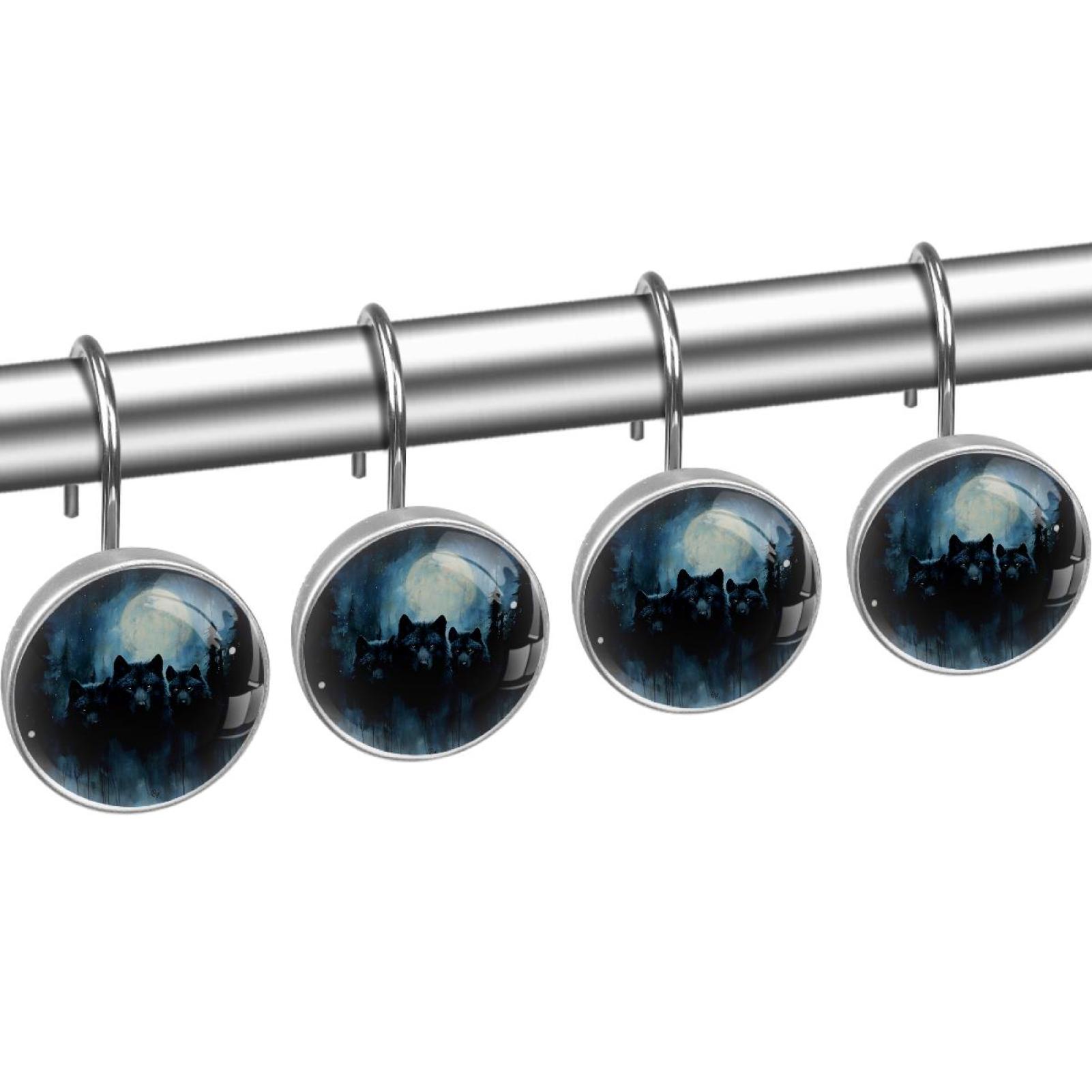 Night Forest Wolves Shower Curtain Hooks Round Crystal Glass, Set of 12 Shower Curtain Rings - Shower Hooks for Curtain Shower Rings