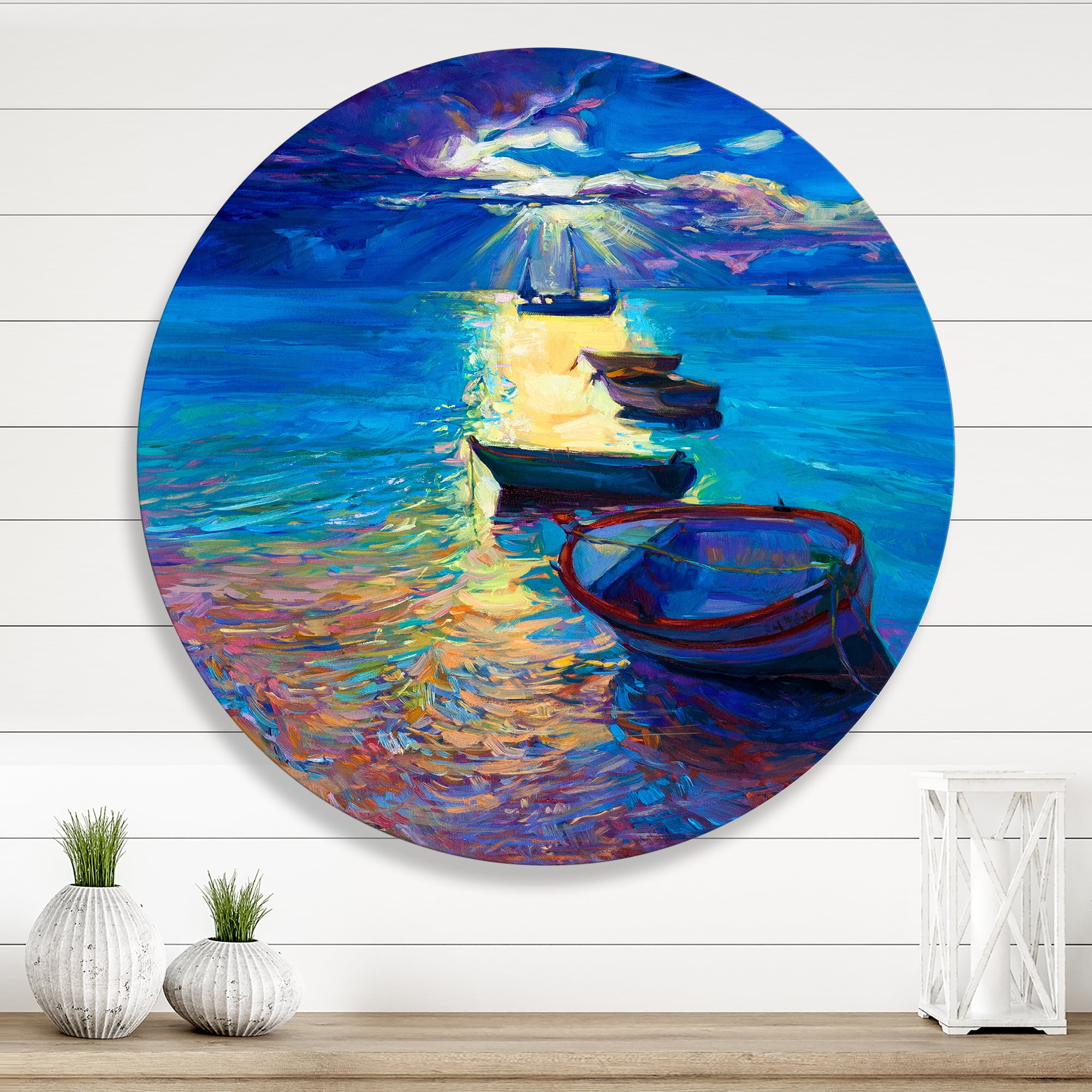 Designart 'Fishing Boats On The Water With Dark Blue Sky Illustration' Lake House Circle Metal Wall Art 23x23 - Disc of 23