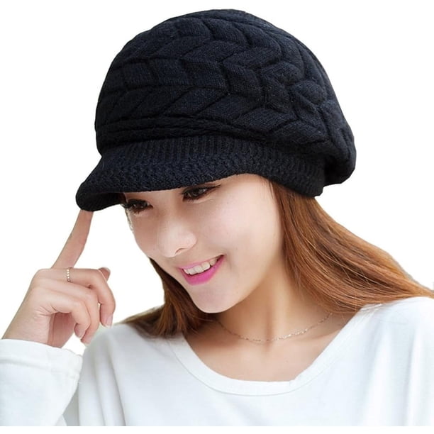 Gorros de punto de invierno para mujer, gorros cálidos para mujer, gorros de lana para nieve y esquí con visera, gorros de punto cálidos para mujer para invierno