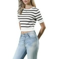 thumbnail image 4 of INSPIRE CHIC Striped Top for Women Short Sleeve Sweater Crew Neck Lightweight Stretch Casual Knit Tops XS Black Striped, 4 of 6
