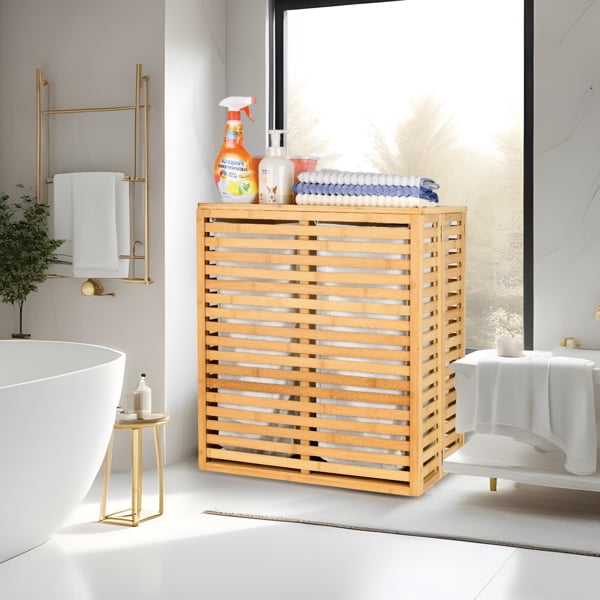 Bamboo Laundry Hamper with Lid – Foldable Clothes Basket with 2-Section Removable Liner Bag, Space-Saving Laundry Sorter for Bathroom, Bedroom, and Laundry Room