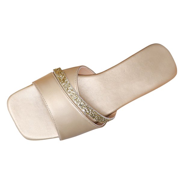Bmisegm Women Sandals Fashionable New Pattern Solid Color Sequin Decoration Flat Bottomed Square Toe Open Toe Breathable and Comfortable Summer Beach Shoes Womens Sandals Summer Gold 8.5