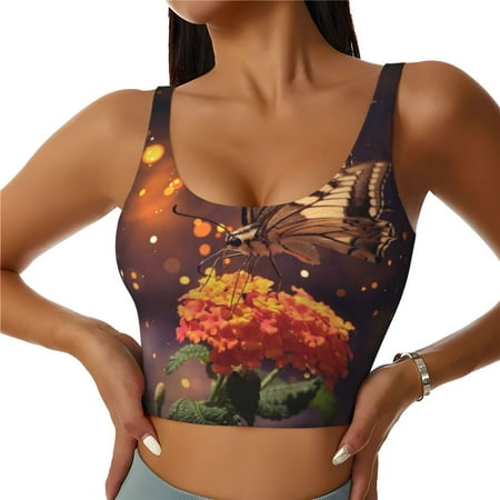 Matuu Butterfly Sitting on a Flower for Women s Sports Bra - Soft  Comfortable and Breathable Sports Vest for Yoga  Fitness  and DanceX-Large
