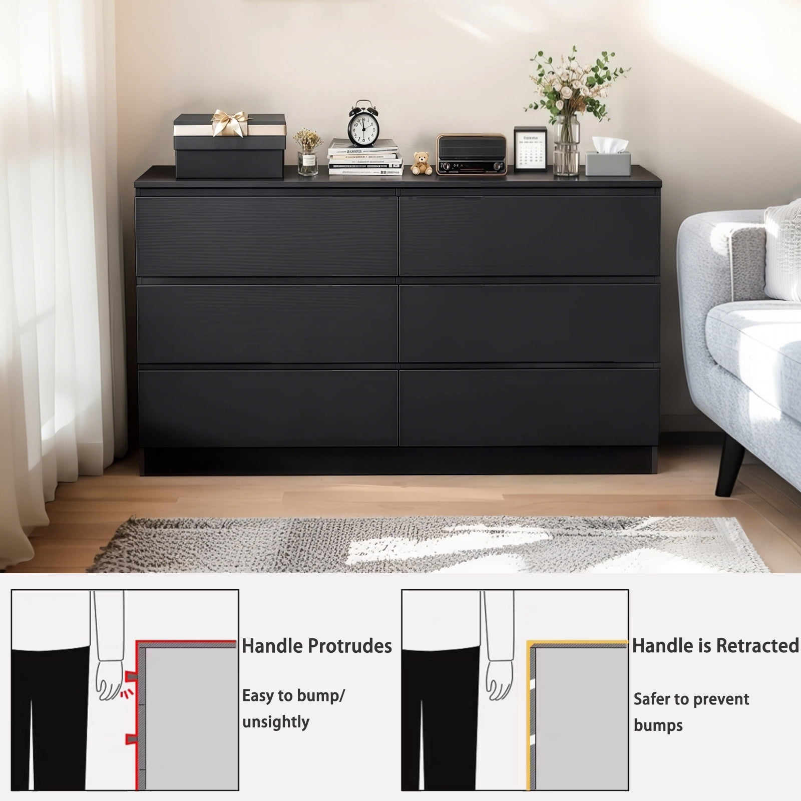 Aukfa Modern 6 Drawer Dresser, Wide TV Stand for Bedroom & Living Room,Black