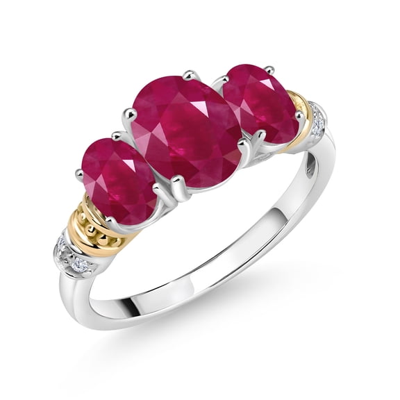 Gem Stone King 925 Sterling Silver and 10K Yellow Gold Oval Red Ruby and White Diamond 3 Stone Ring for Women (2.83 Cttw, Gemstone July Birthstone, Size 6)