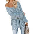 thumbnail image 1 of Women's Off Shoulder Long Sleeve V-Neck Ribbed Cable Pullover Sweaters Loose Fitting Jumper Tops, 1 of 7