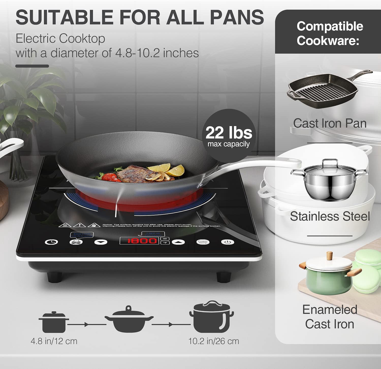 Electric Cooktop 110V, Single Burner Infrared Hot Plate 1800W, Black Crystal Glass Surface, 4-Hour Timer