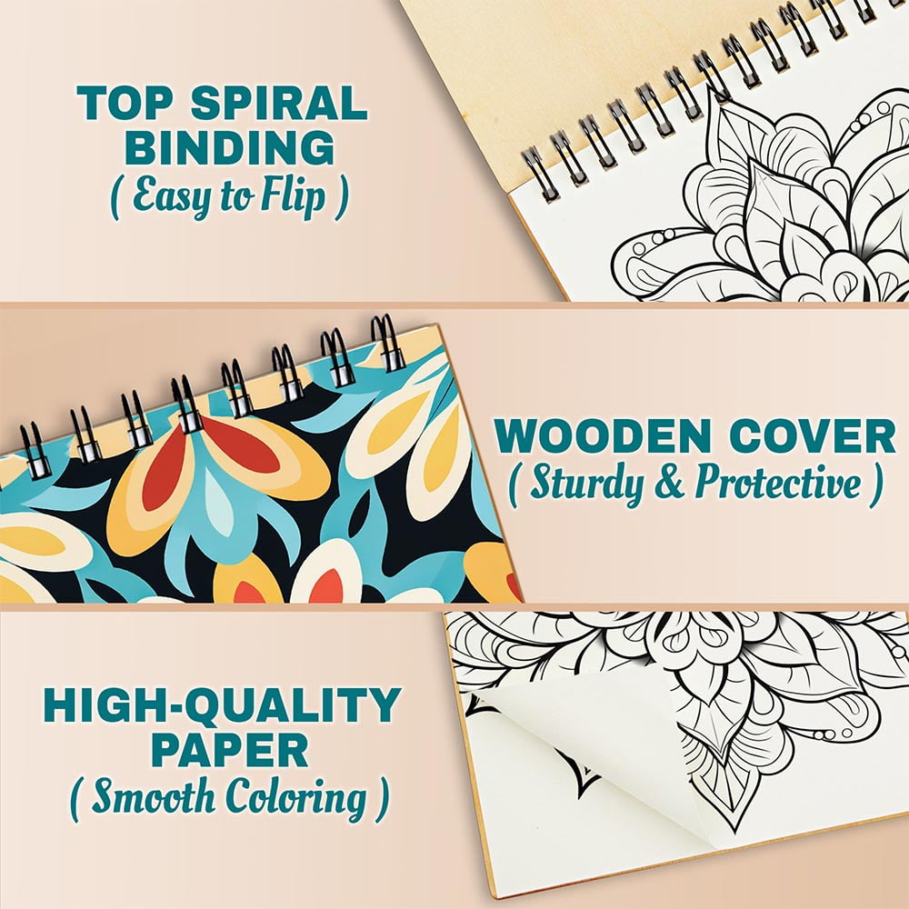 Netecom Easy and Simple Mandala Coloring Book Spiral Bound For Adults, A5 Wooden Cover, 30 Calming Coloring Pages of Minimalist Mandala Designs for Stress Relief and Relaxation