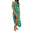 thumbnail image 2 of VISgogo Vestido de mujer con cuello halter, estampado de flores, sin mangas, sin espalda, dobladillo con volantes, vestido largo VISgogo moda, 2 of 7