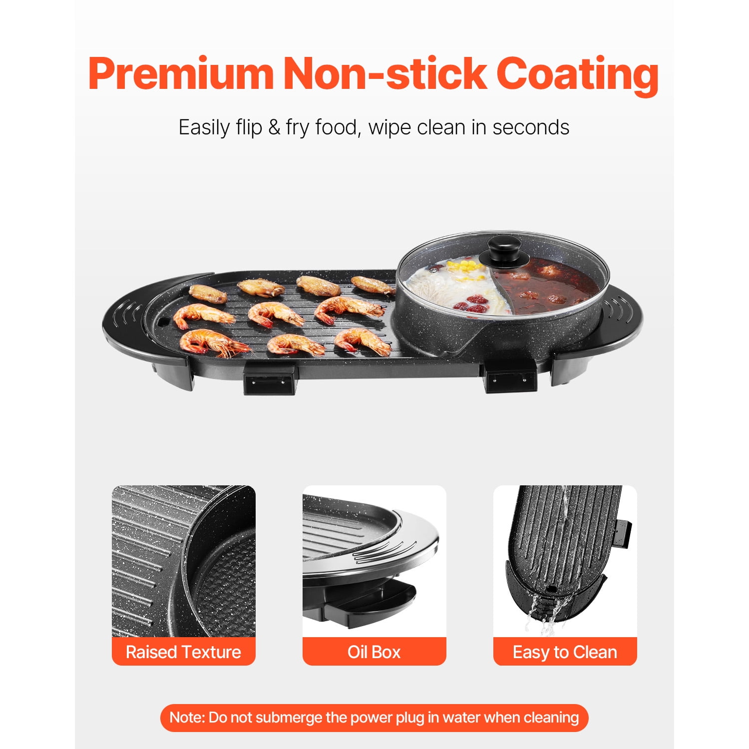 VEVOR 2 in 1 BBQ Pan Grill and Hot Pot with Divider Multifunctional Teppanyaki Grill Pot, Separate Dual Temperature Control Electric BBQ Stove Hot Pot
