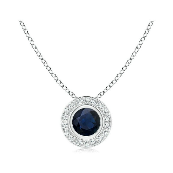 ANGARA Natural Round Bezel-Set Sapphire Pendant with Diamond Halo in 14K White Gold for Women (Size-4mm) | September Birthstone, Anniversary, Jewelry Gift for Women | Natural Blue Sapphire Necklace